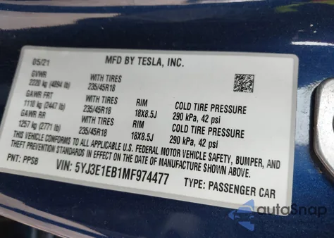 2021 Tesla Model 3 Long Range Dual Motor All-Wheel Drive из США, поврежденный, VIN 5YJ3E1EB1MF974477